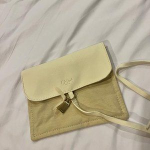 CHLOE POUCH FAUX LEATHER AND FABRIC , NEW ! WITH CHLOE LOCK DETAIL